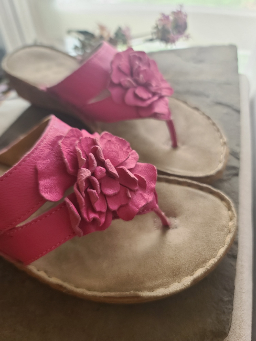 Genuine Leather Fuchsia 3D Floral Wedge Sandals w/ Ocean Relief Sole - 39